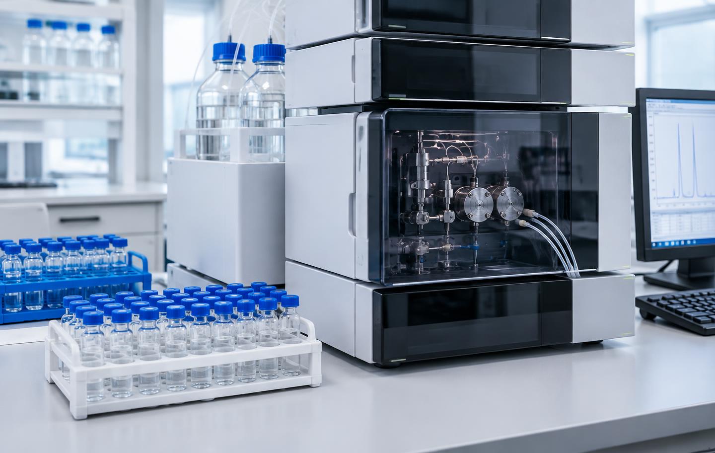 Illustrative analytical laboratory equipment and sample racks